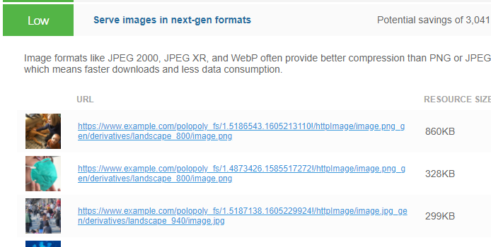 Expanded view of Serve images in next-gen formats audit