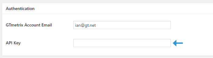 gtmetrix for wordpress api key input