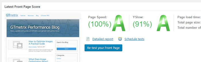 gtmetrix for wordpress front page tested
