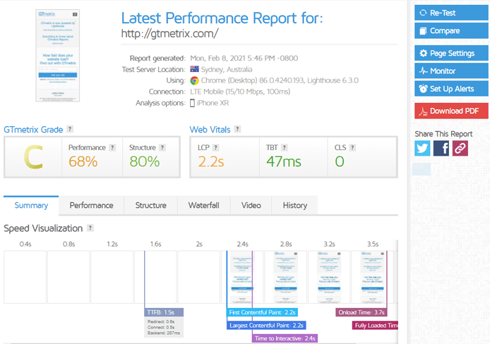 How to test with mobile devices using GTmetrix