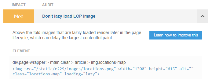 Don't lazy load Largest Contentful Paint image audit