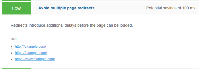 Expanded view of the Avoid multiple page redirects audit