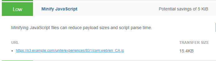 Expanded view of Minify JS audit