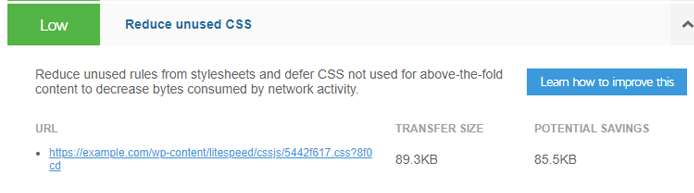 Expanded view of Remove unused CSS audit